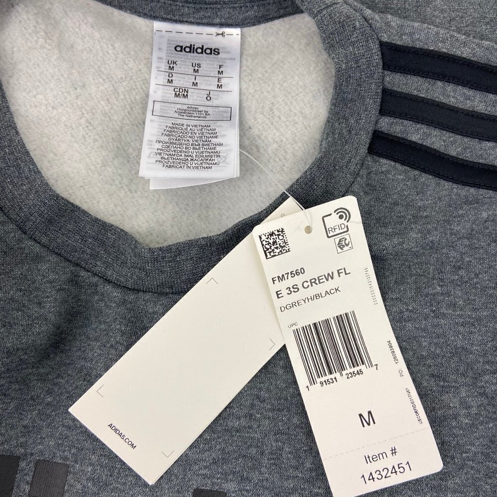 Adidas Gray 3 Stripe Crewneck Sweatshirt M - Picture 3 of 6